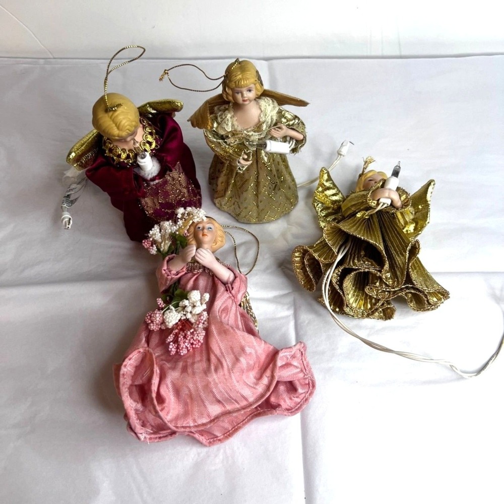 VTG Porcelain Head Angel Christmas Tree Topper Ornaments in Gowns--3 Light Up